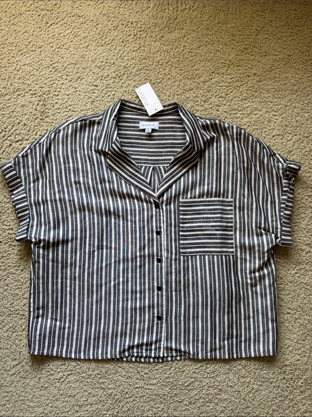 Evereve Black and White Vertical Stripe Short-Sleeve Button Shirt